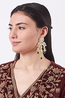 Gold Finish Green Beaded Dangler Earrings In Sterling Silver