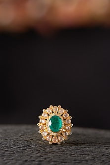 Gold Finish Moissanite Polki & Emerald Ring In Sterling Silver