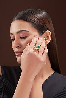 Gold Finish Moissanite Polki & Emerald Ring In Sterling Silver