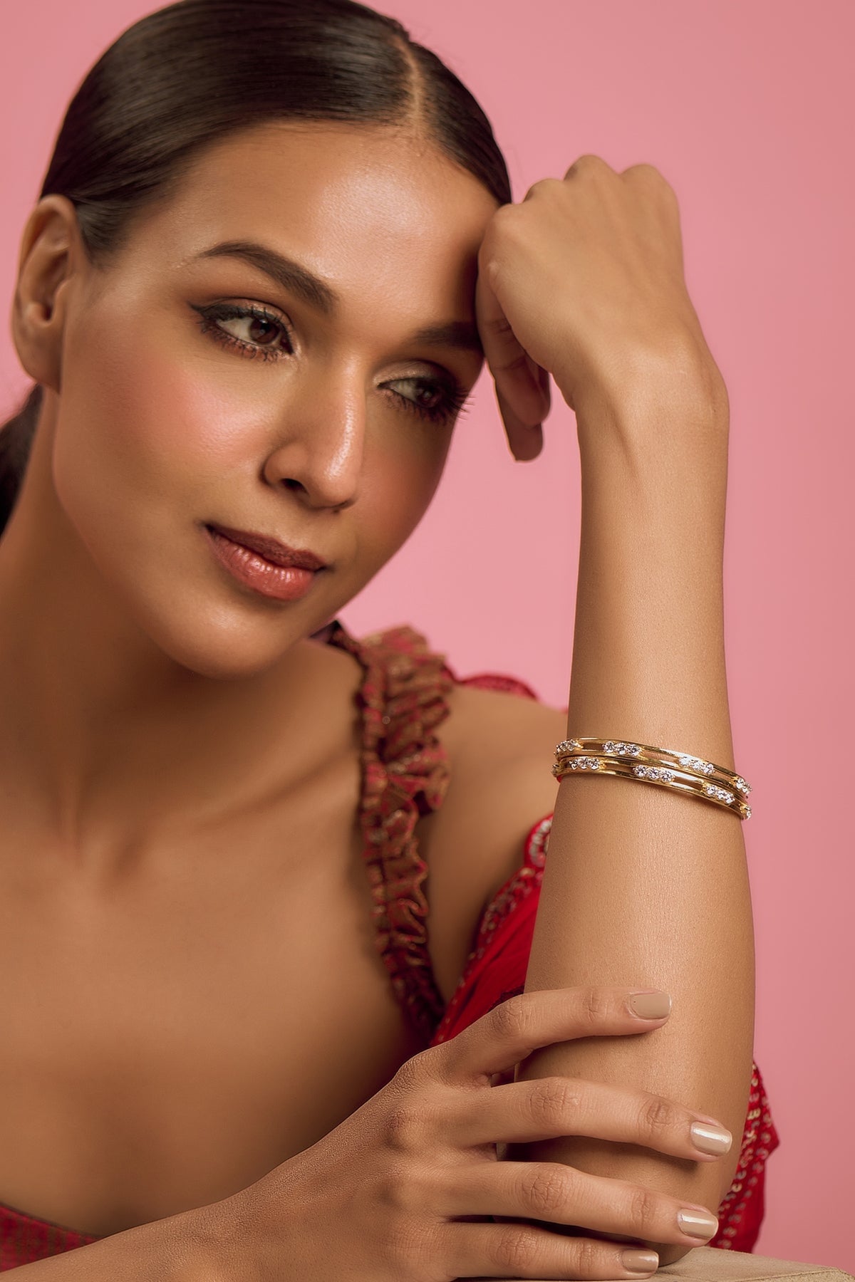 Gold Finish Moissanite Polki Bangles (Set of 2)