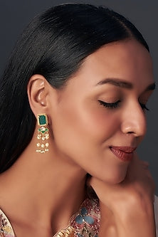 Gold Finish Moissanite & Emerald Synthetic Stone Dangler Earrings In Sterling Silver