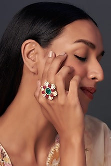 Gold Finish Faux Emerald & Ruby Ring In Sterling Silver