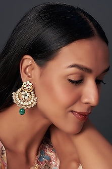 Gold Finish Moissanite & Ruby Synthetic Stones Chandbali Earrings In Sterling Silver