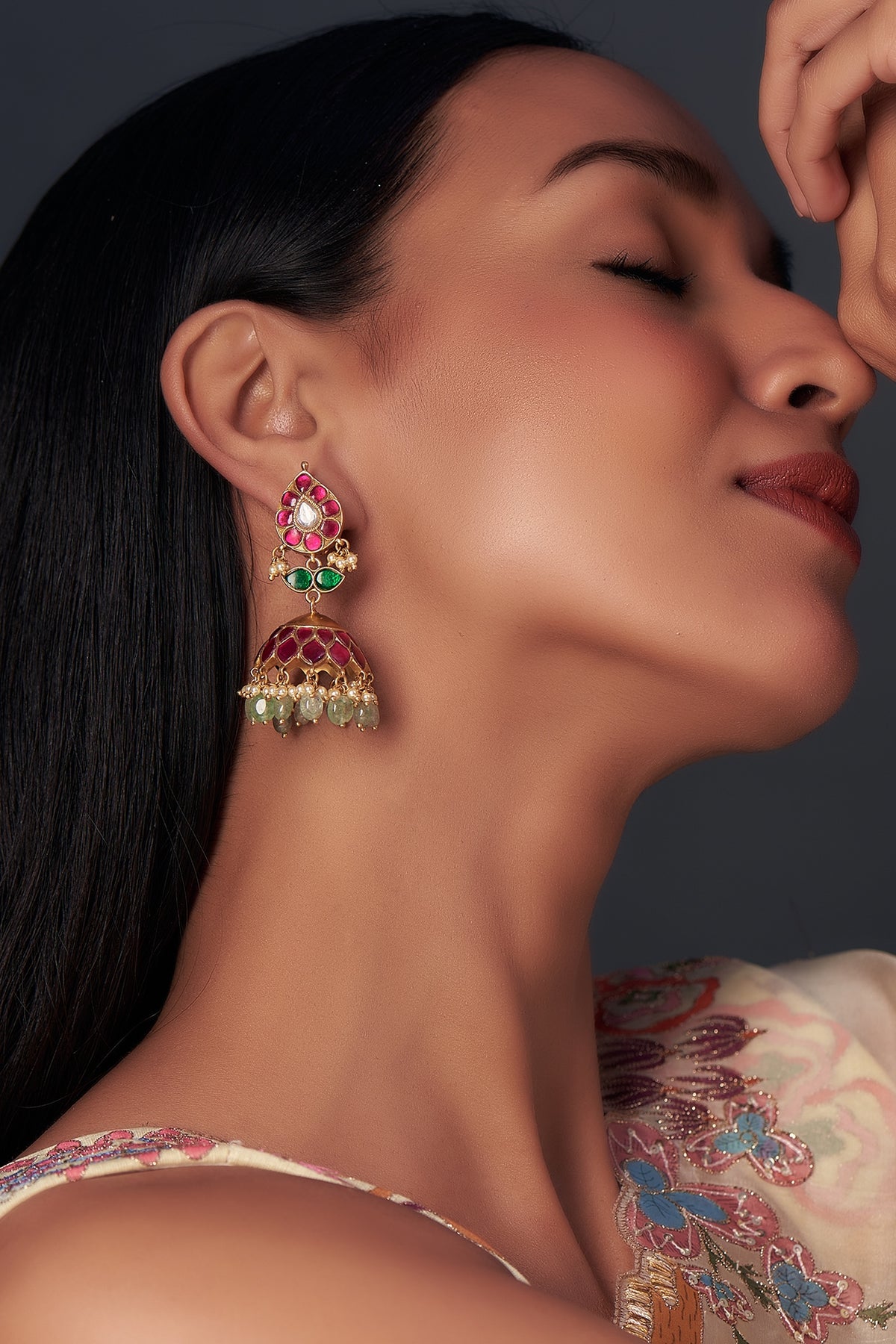 Gold Finish Moissanite & Ruby Synthetic Stone Jhumka Earrings In Sterling Silver