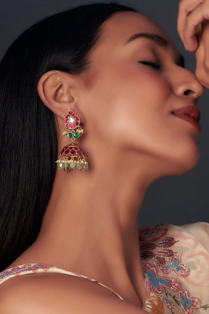 Gold Finish Moissanite & Ruby Synthetic Stone Jhumka Earrings In Sterling Silver