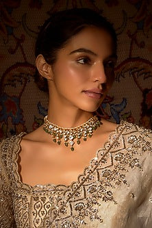 Gold Finish Moissanite Polki & Emerald Choker Necklace In Sterling Silver