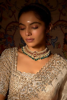 Gold Finish Faux Emeralds & Ruby Choker Necklace In Sterling Silver