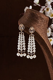 Gold Finish Moissanite Polki & Pearl Dangler Earrings In Sterling Silver