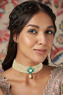 Gold Finish Moissanite Polki & Pearl Choker Necklace In Sterling Silver
