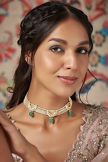 Gold Finish Moissanite Polki & Pearls Choker Necklace In Sterling Silver