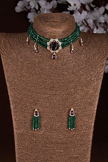 Gold Finish Moissanite Polki & Green Stone Choker Necklace Set In Sterling Silver