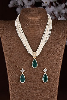 Gold Finish Moissanite Polki & Green Stone Long Necklace Set In Sterling Silver