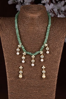 Gold Finish Moissanite Polki & Green Stone Long Necklace Set In Sterling Silver