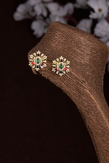 Gold Finish Moissanite Polki & Multi-Colored Stone Stud Earrings In Sterling Silver