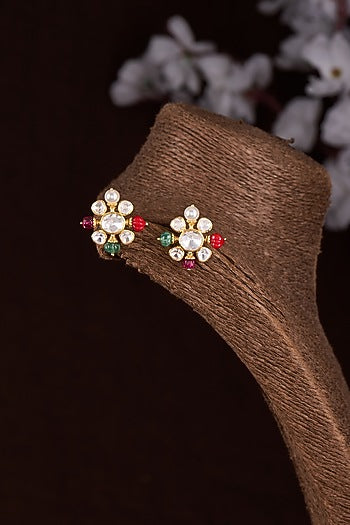 Gold Finish Moissanite Polki & Multi-Colored Stone Stud Earrings In Sterling Silver