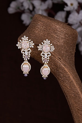 Gold Finish Moissanite Polki & Pink Synthetic Stone Dangler Earrings In Sterling Silver