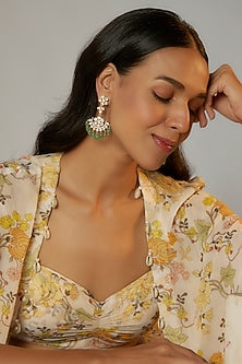 Gold Finish Moissanite Polki Chandbali Earrings In Sterling Silver
