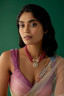 Gold Finish Moissanite Polki & Pink Stone Long Necklace In Sterling Silver