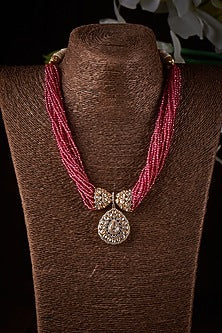 Gold Finish Moissanite Polki & Pink Stone Long Necklace In Sterling Silver