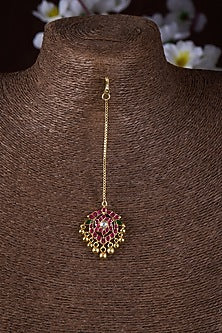 Gold Finish Moissanite Polki & Red Stone Maangtikka In Sterling Silver