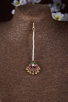 Gold Finish Moissanite Polki & Multi-Colored Stone Maangtikka In Sterling Silver