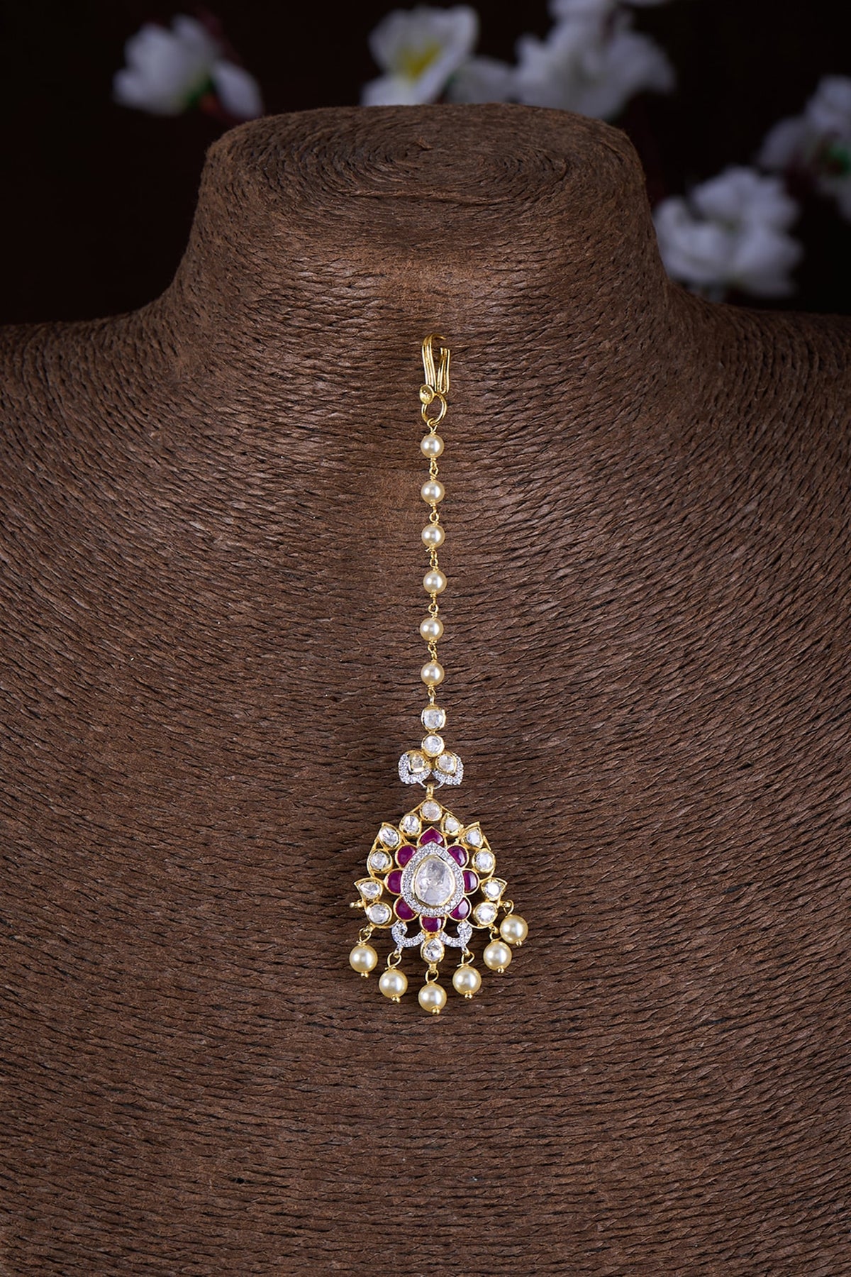 Gold Finish Moissanite Polki & Ruby Synthetic Stone Maangtikka In Sterling Silver