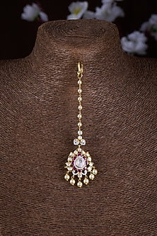 Gold Finish Moissanite Polki & Ruby Synthetic Stone Maangtikka In Sterling Silver