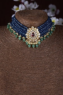 Gold Finish Moissanite Polki & Blue Synthetic Stone Choker Necklace In Sterling Silver