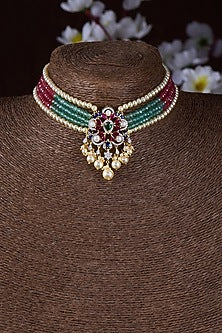 Gold Finish Moissanite Polki & Multi-Colored Stone Choker Necklace In Sterling Silver
