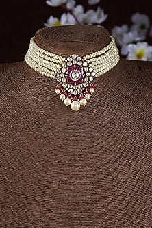 Gold Finish Moissanite Polki & Ruby Synthetic Stone Choker Necklace In Sterling Silver