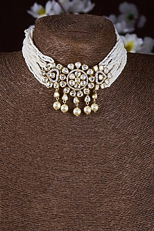 Gold Finish Moissanite Polki Choker Necklace In Sterling Silver