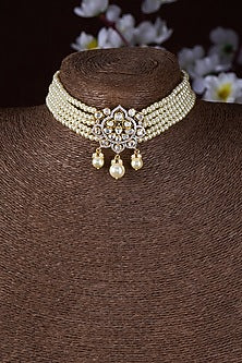 Gold Finish Moissanite Polki Choker Necklace In Sterling Silver