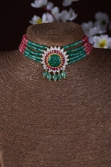 Gold Finish Moissanite Polki & Multi-Colored Stone Choker Necklace In Sterling Silver