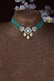 Gold Finish Moissanite Polki & Green Stone Choker Necklace In Sterling Silver