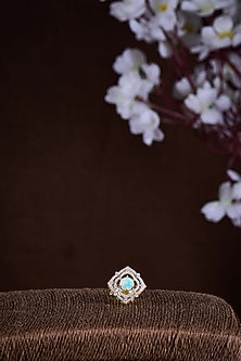 Gold Finish Moissanite Polki & Green Stone Ring In Sterling Silver