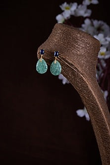 Gold Finish Moissanite Polki & Green Stone Dangler Earrings In Sterling Silver
