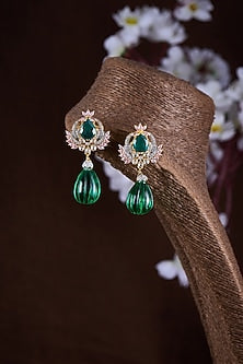 Gold Finish Moissanite Polki & Green Stone Dangler Earrings In Sterling Silver