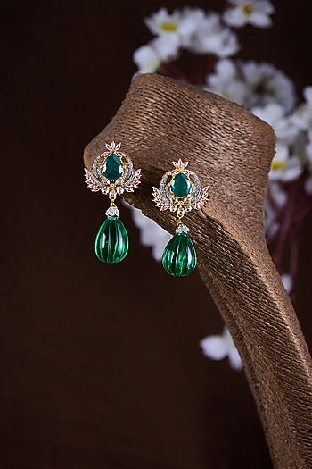 Gold Finish Moissanite Polki & Green Stone Dangler Earrings In Sterling Silver