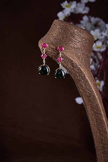 Gold Finish Moissanite Polki & Multi-Colored Stone Dangler Earrings In Sterling Silver