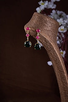 Gold Finish Moissanite Polki & Multi-Colored Stone Dangler Earrings In Sterling Silver