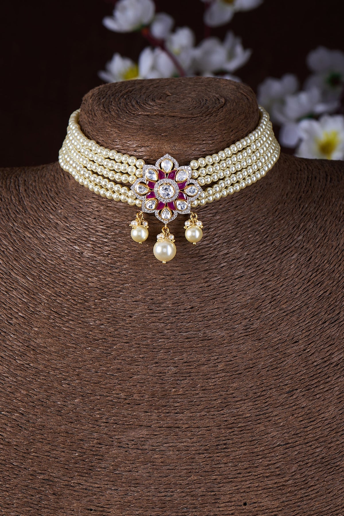 Gold Finish Moissanite Polki & Red Stone Choker Necklace In Sterling Silver