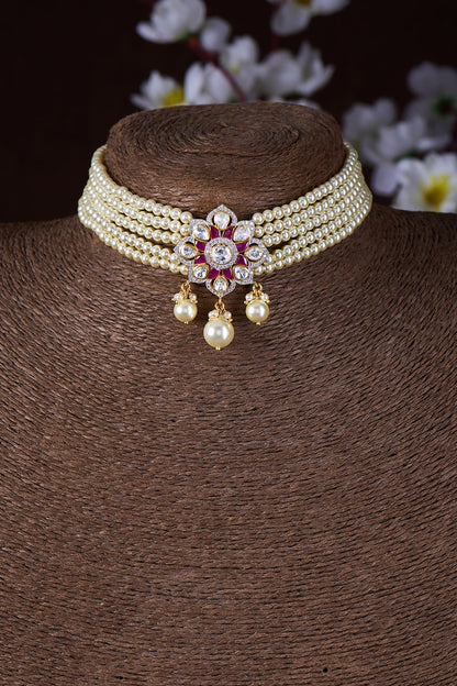 Gold Finish Moissanite Polki & Red Stone Choker Necklace In Sterling Silver