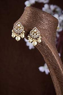 Gold Finish Moissanite Polki & Pearl Dangler Earrings In Sterling Silver