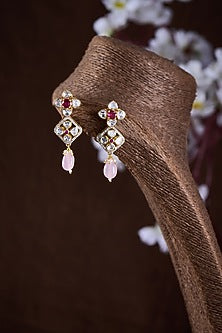 Gold Finish Moissanite Polki & Red Stone Dangler Earrings In Sterling Silver