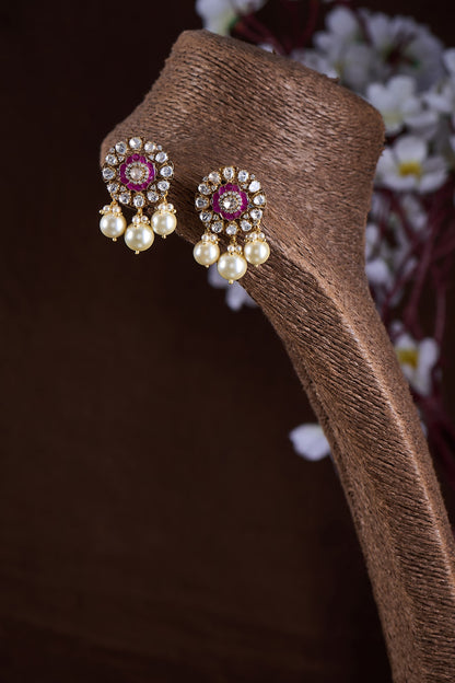 Gold Finish Moissanite Polki & Red Stone Dangler Earrings In Sterling Silver
