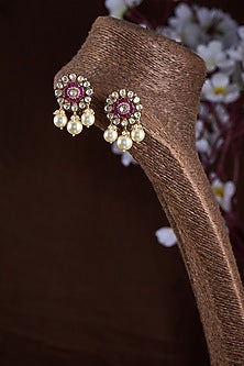 Gold Finish Moissanite Polki & Red Stone Dangler Earrings In Sterling Silver