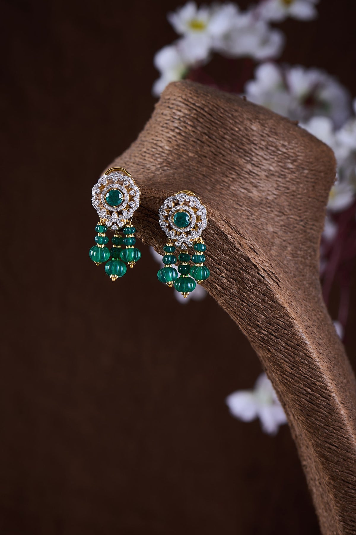 Gold Finish Moissanite Polki & Green Stone Dangler Earrings In Sterling Silver