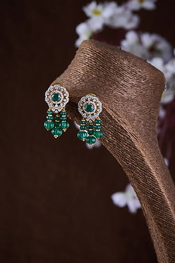 Gold Finish Moissanite Polki & Green Stone Dangler Earrings In Sterling Silver