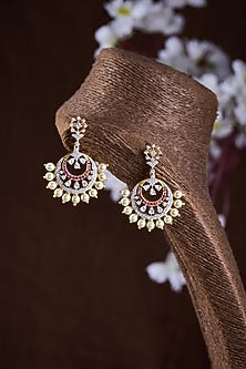Gold Finish Moissanite Polki & Red Stone Chandbali Earrings In Sterling Silver