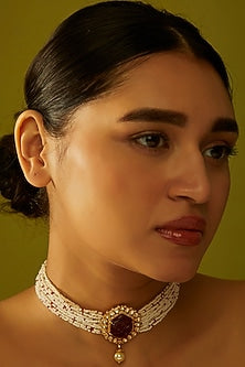 Gold Finish Pearl Choker Necklace In Sterling Silver